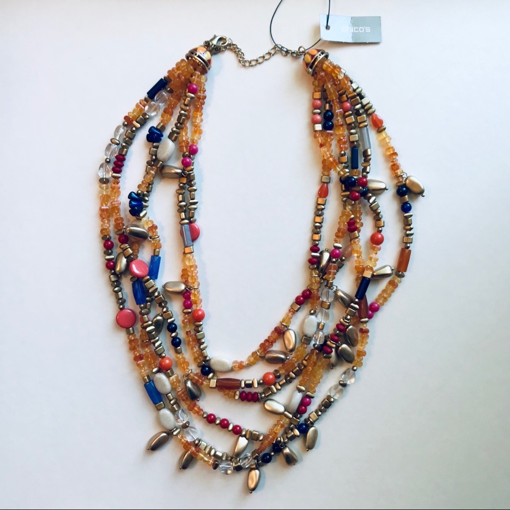 Chico’s Multicolor Beaded Layered Statement Necklace NWT Colorful Rainbow - Picture 2 of 5